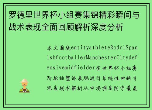 罗德里世界杯小组赛集锦精彩瞬间与战术表现全面回顾解析深度分析 罗德里世界杯小组赛集锦精彩瞬间与战术表现全面回顾解析深度分析